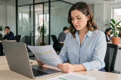 Employée consultant les avantages du CE Loxam et ses remises sur les congés payés depuis son bureau