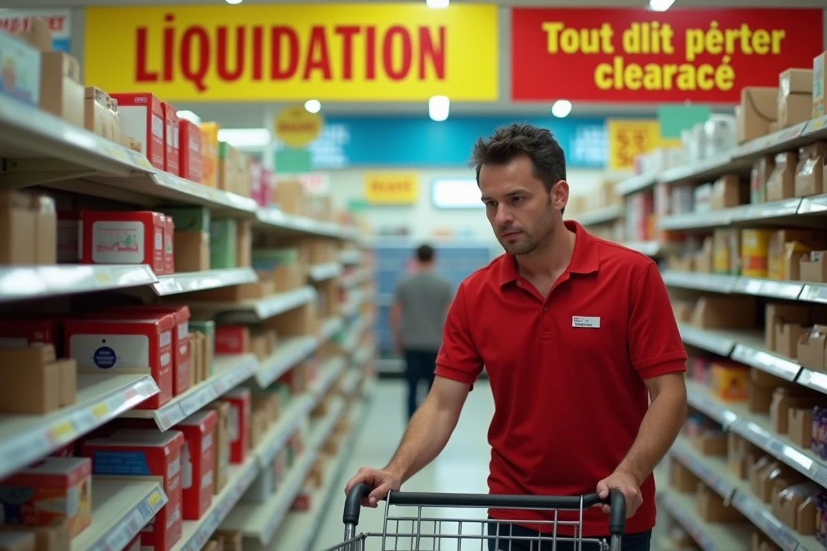 Employé d'un magasin GiFi en liquidation retirant des produits des rayons sous des panneaux de soldes totaux