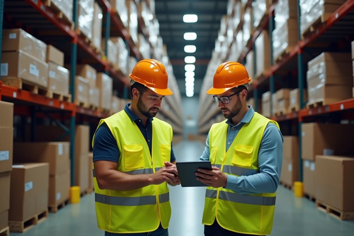 Deux employés en gilets jaunes consultant une tablette dans un entrepôt logistique à Ormes