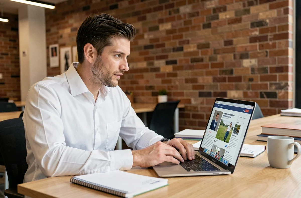 Entrepreneur masculin consultant un abonnement en ligne à un journal économique sur son ordinateur portable dans un espace de coworking moderne