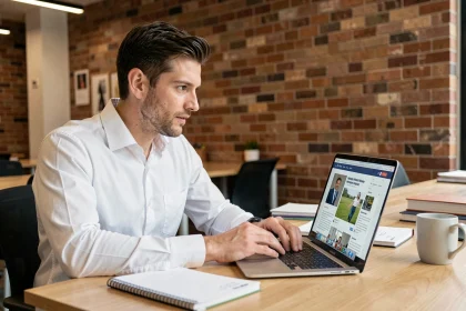 Entrepreneur masculin consultant un abonnement en ligne à un journal économique sur son ordinateur portable dans un espace de coworking moderne