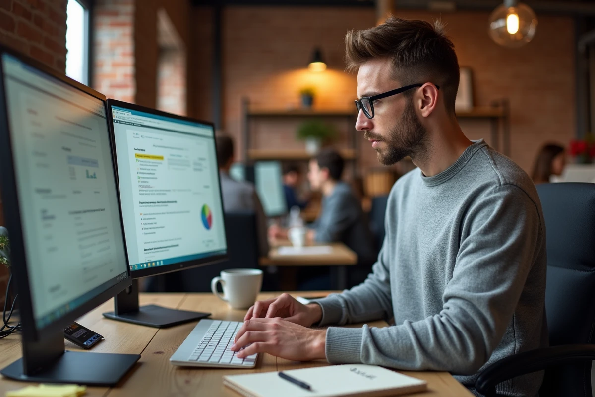 Entrepreneur comparant une plateforme B2B en ligne et une agence commerciale classique sur un écran d'ordinateur