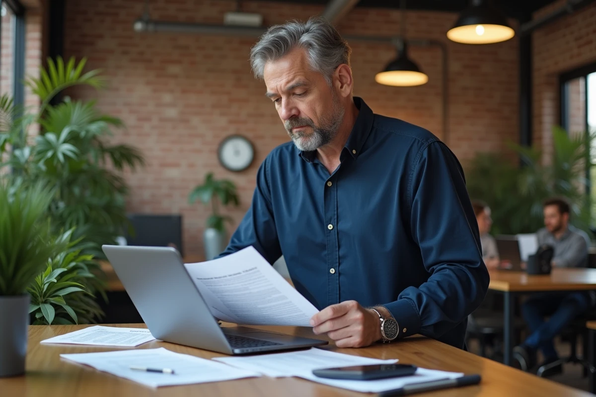 Entrepreneur masculin examinant des documents de dépôt de marque INPI dans un espace de coworking
