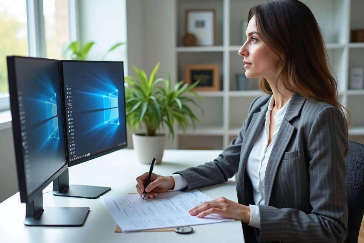 Femme entrepreneuse complétant un formulaire de conformité RGPD sur un ordinateur dans un bureau moderne