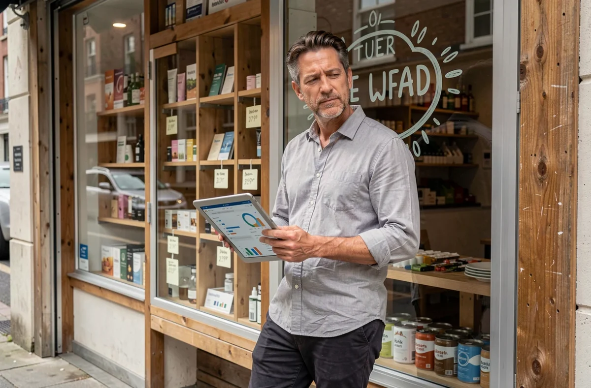Entrepreneur masculin dans la quarantaine devant sa nouvelle boutique avec une tablette affichant des données financières