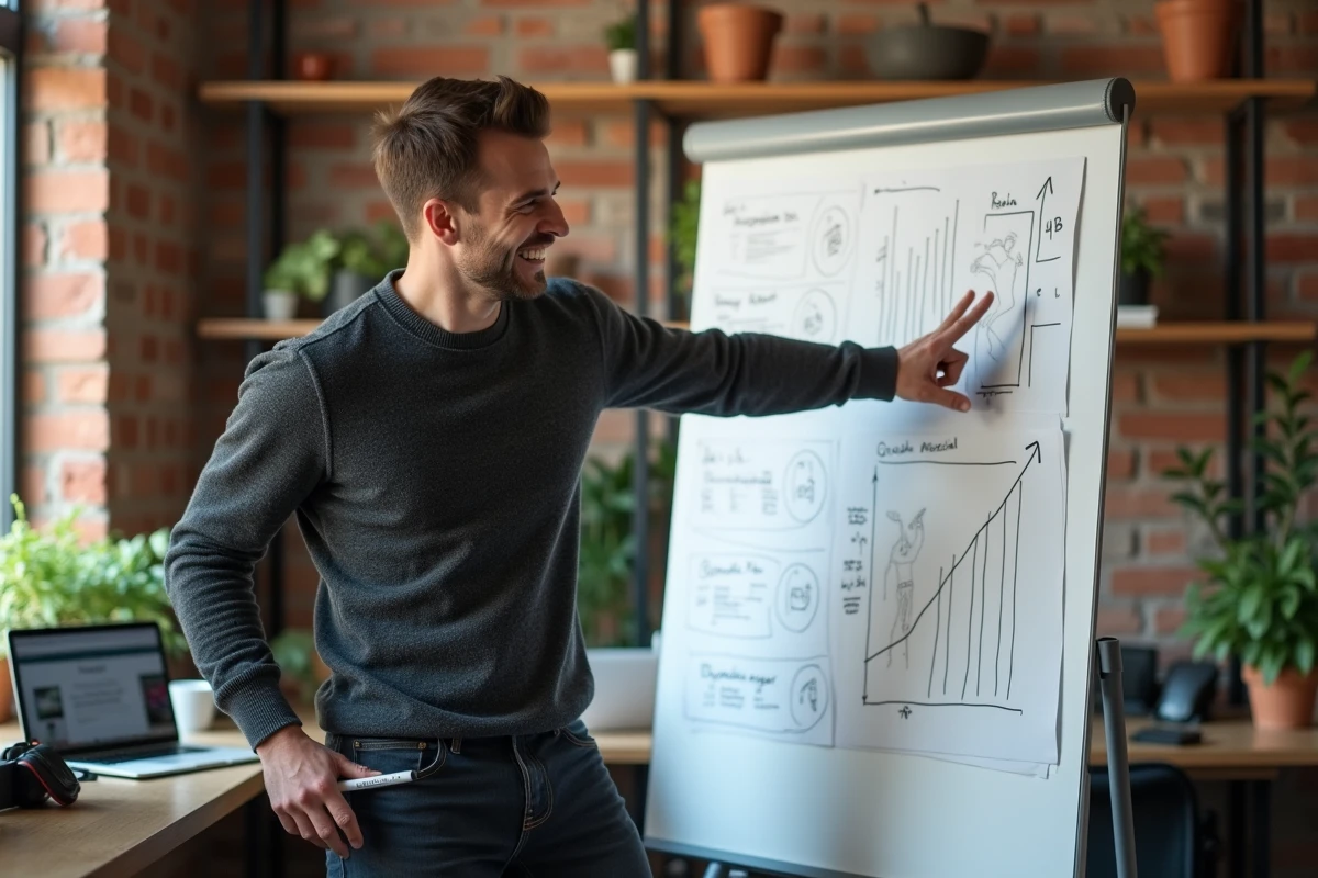 Jeune entrepreneur présentant son plan d'affaires sur un tableau blanc dans un bureau de startup, illustrant les aides aux micro-entrepreneurs