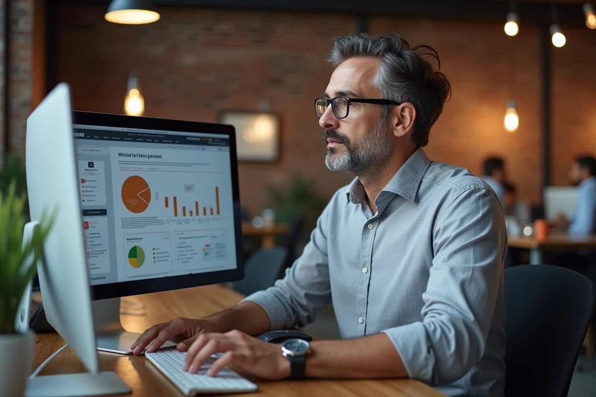 Entrepreneur masculin examinant les revenus générés par un tunnel de vente sur une plateforme de marketing automation dans un espace de coworking