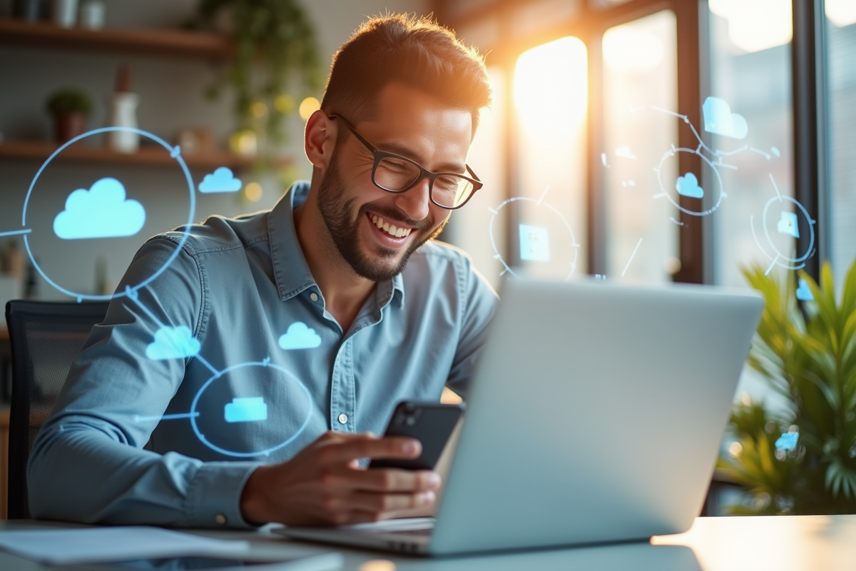 Entrepreneur utilisant un ordinateur portable et smartphone en transformation digitale