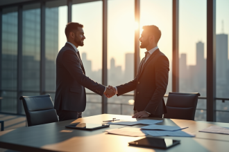 Deux professionnels serrant la main dans un bureau moderne avec vue sur la ville