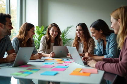 Groupe de professionnels souriants en brainstorming dans un bureau lumineux