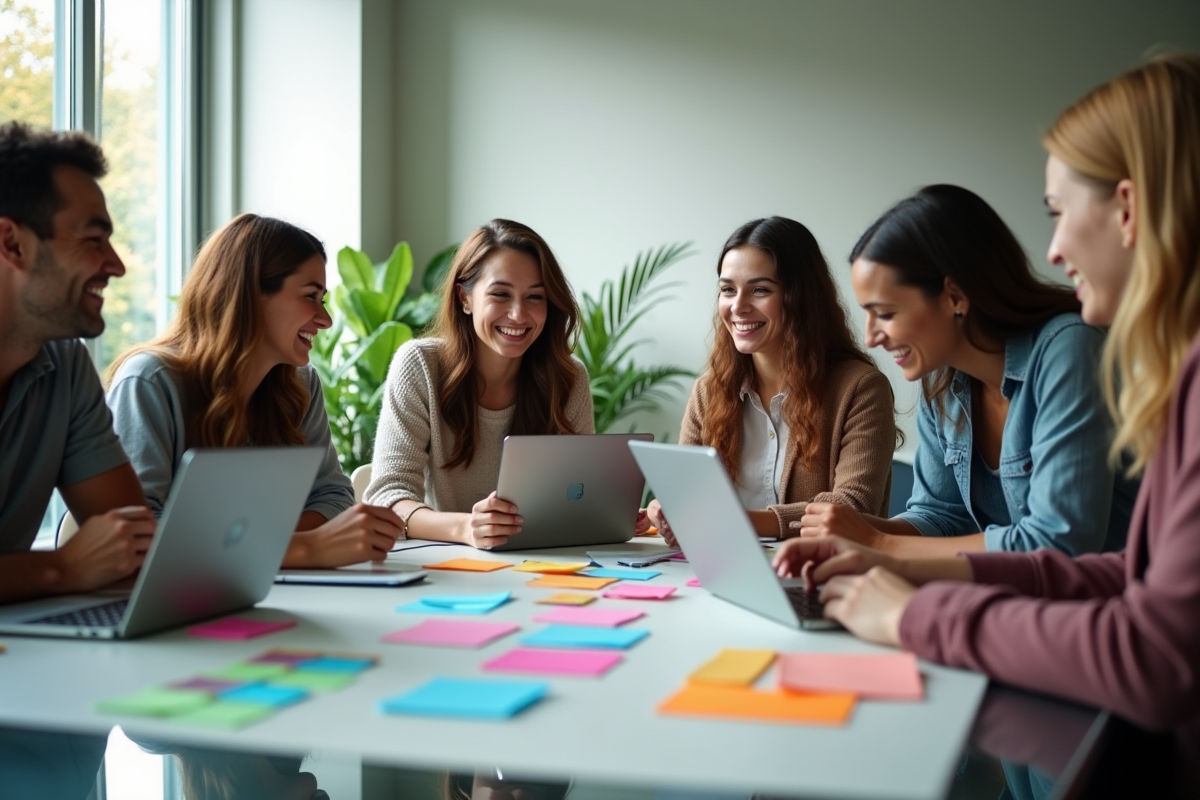 Groupe de professionnels souriants en brainstorming dans un bureau lumineux