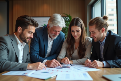 Groupe de quatre adultes en réunion de travail en bureau moderne