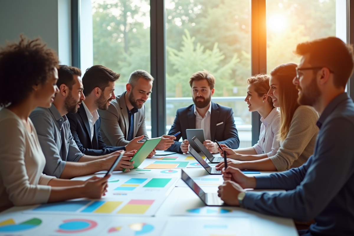Equipe diverse discutant de graphiques dans un espace lumineux