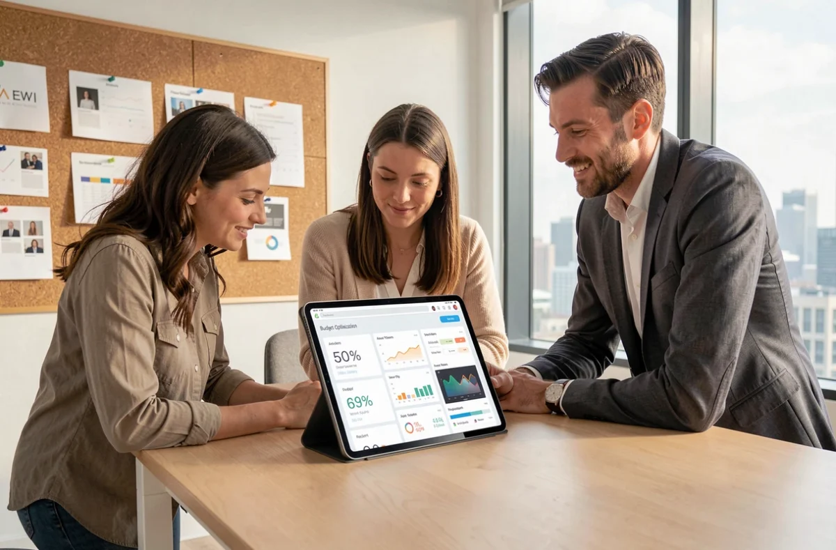Équipe marketing analysant ensemble les performances publicitaires et tarifs outils IA en réunion agence