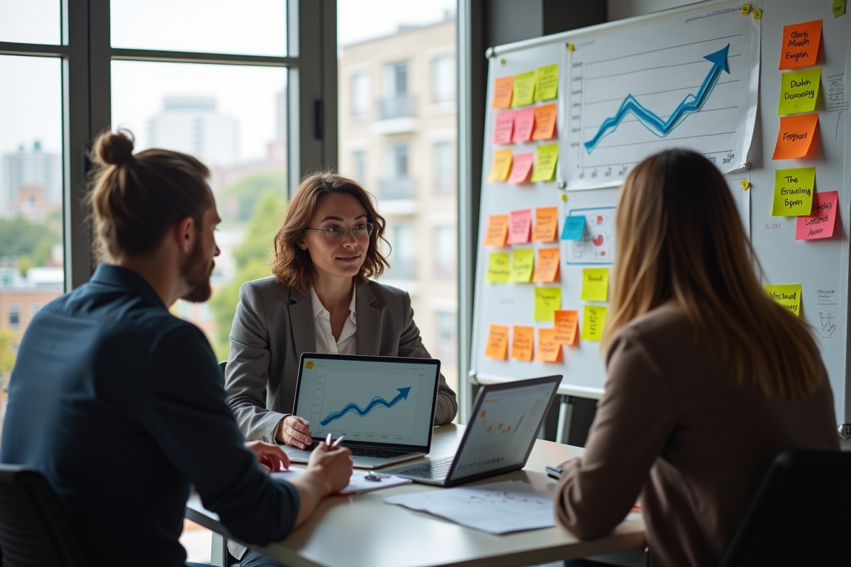 Equipe marketing en brainstorming avec tableau blanc et analytics