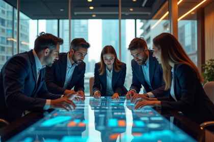 Groupe de professionnels discutant autour d'une table digitale