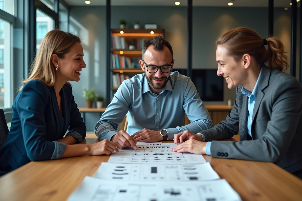 Équipe de professionnels autour d'une table de réunion analysant une feuille de route produit et des esquisses de prototype lors d'une session de travail sur un MVP