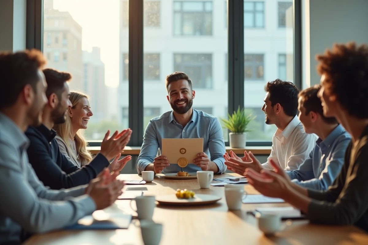 Groupe de collègues félicitant un employé dans la salle de pause