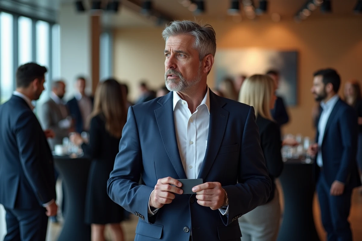 Homme d'affaires isolé lors d'un événement de networking B2B tenant maladroitement sa carte de visite pendant que les autres professionnels conversent