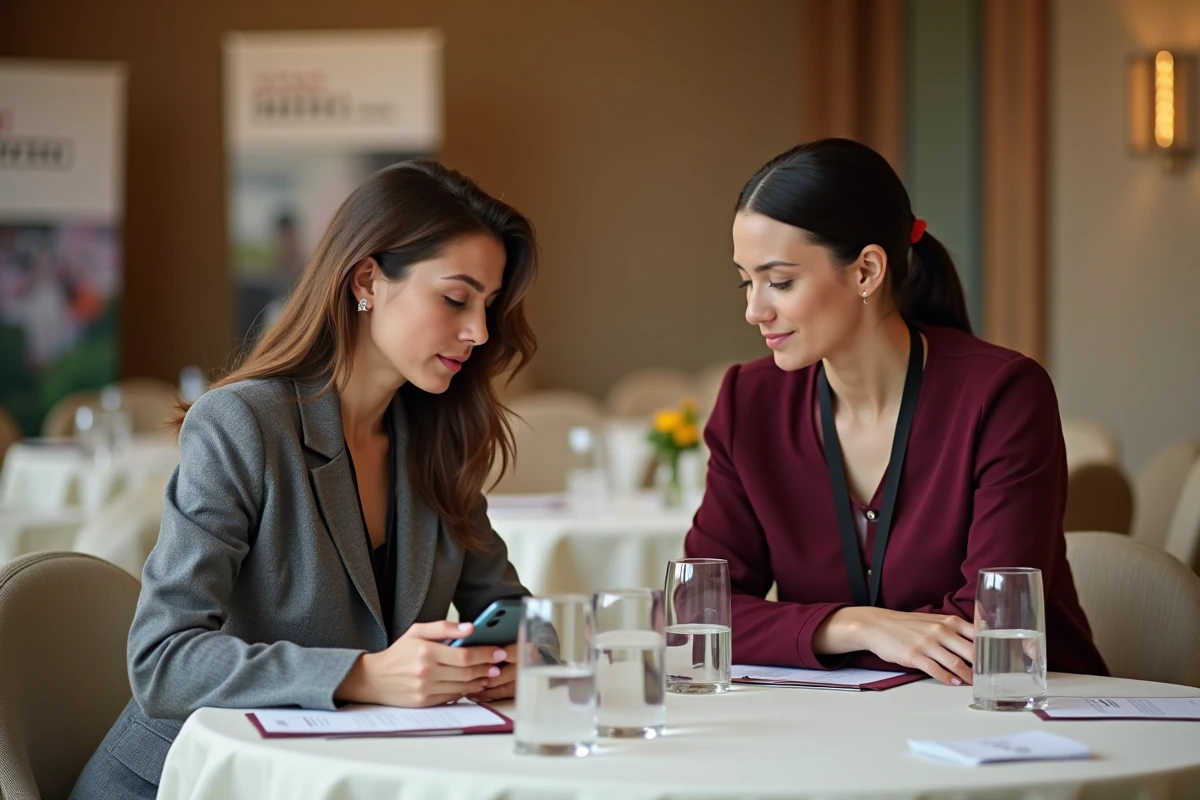 Professionnelle distraite par son smartphone ignorant une partenaire potentielle lors d'un déjeuner networking B2B