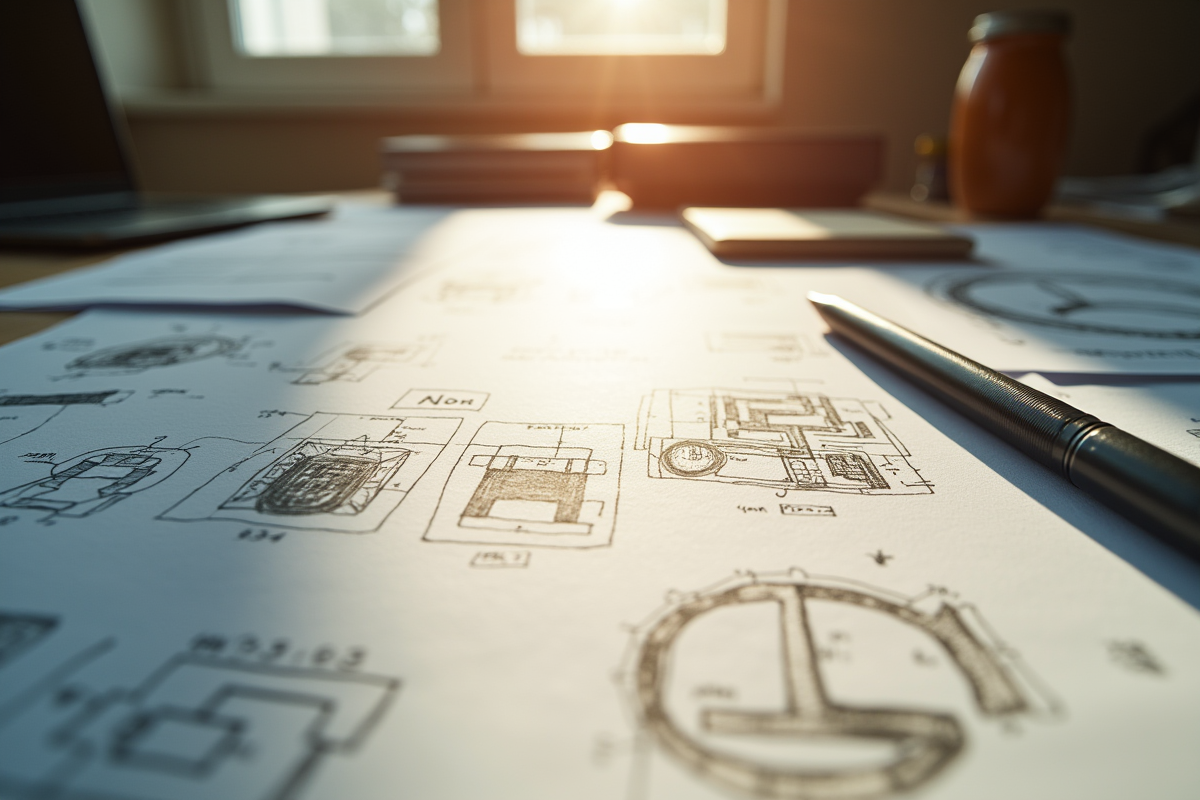 Espace de travail créatif avec croquis et documents de propriété intellectuelle