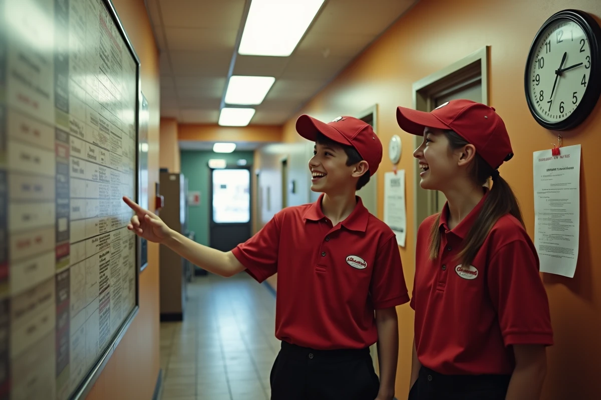 Deux étudiants de 16 ans en uniforme de fast-food discutant joyeusement devant le tableau des plannings et des salaires en coulisse du restaurant