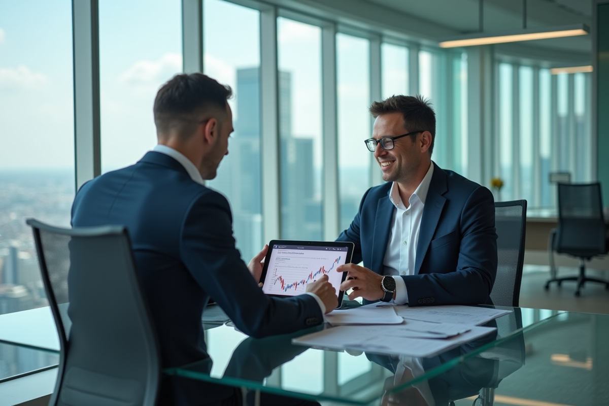 Homme d'affaires en costume bleu dans un bureau moderne