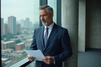Homme executif en costume navy dans un bureau moderne