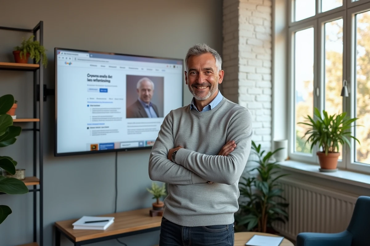 Expert SEO présentant une stratégie d'optimisation de site vitrine SaaS pour apparaître en première page Google