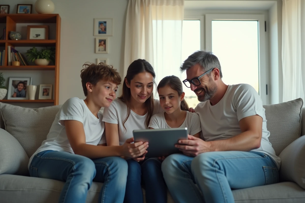 Famille découvrant les avantages familiaux du CE Loxam sur une tablette