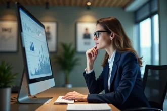 Femme d'affaires en blazer analysant des données