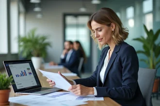 Femme d'affaires comparant les options B2B entre une plateforme partenaires et une agence commerciale classique