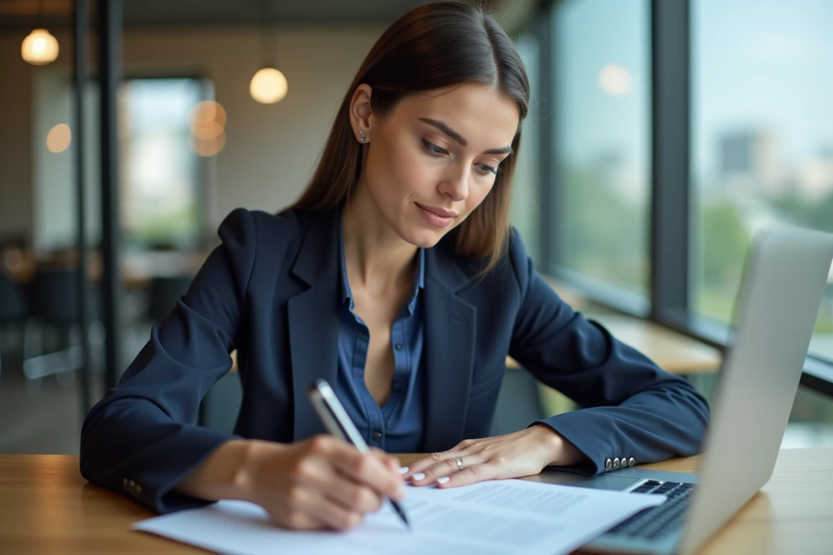 Femme d'affaires lisant un contrat dans un bureau moderne
