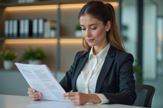 Femme d'affaires lisant un document dans un bureau moderne