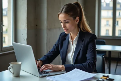 Jeune femme d'affaires à son bureau à Paris