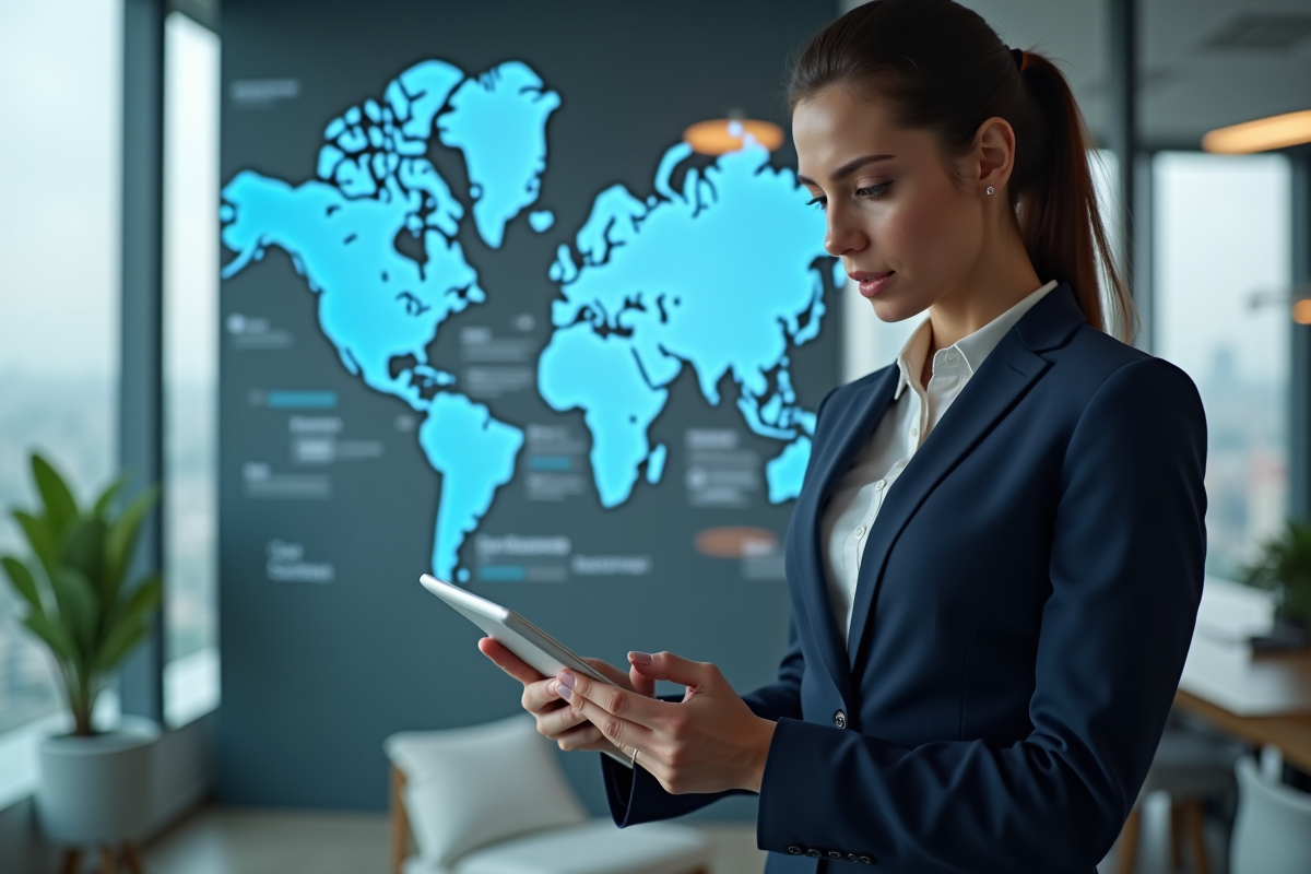 Femme d'affaires en costume bleu analysant des données