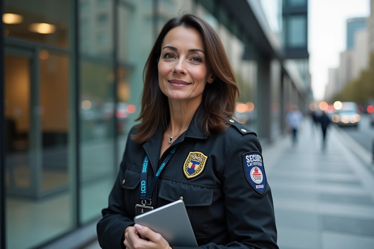 Femme agent de sécurité devant un bâtiment d'entreprise illustrant une carrière professionnelle dans la sécurité privée