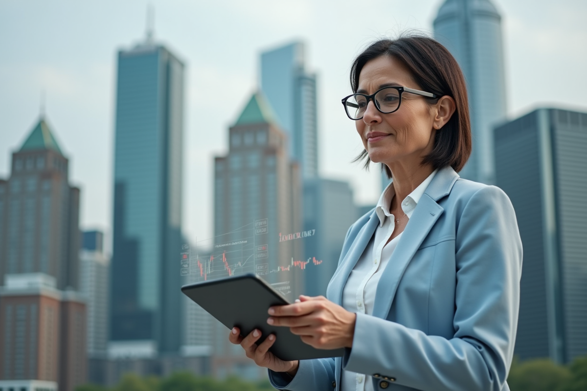 Femme d affaires analyse echanges financiers en ville