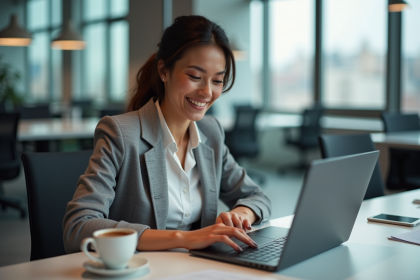 Femme d'affaires analysant des donn&eacute;es dans un bureau moderne