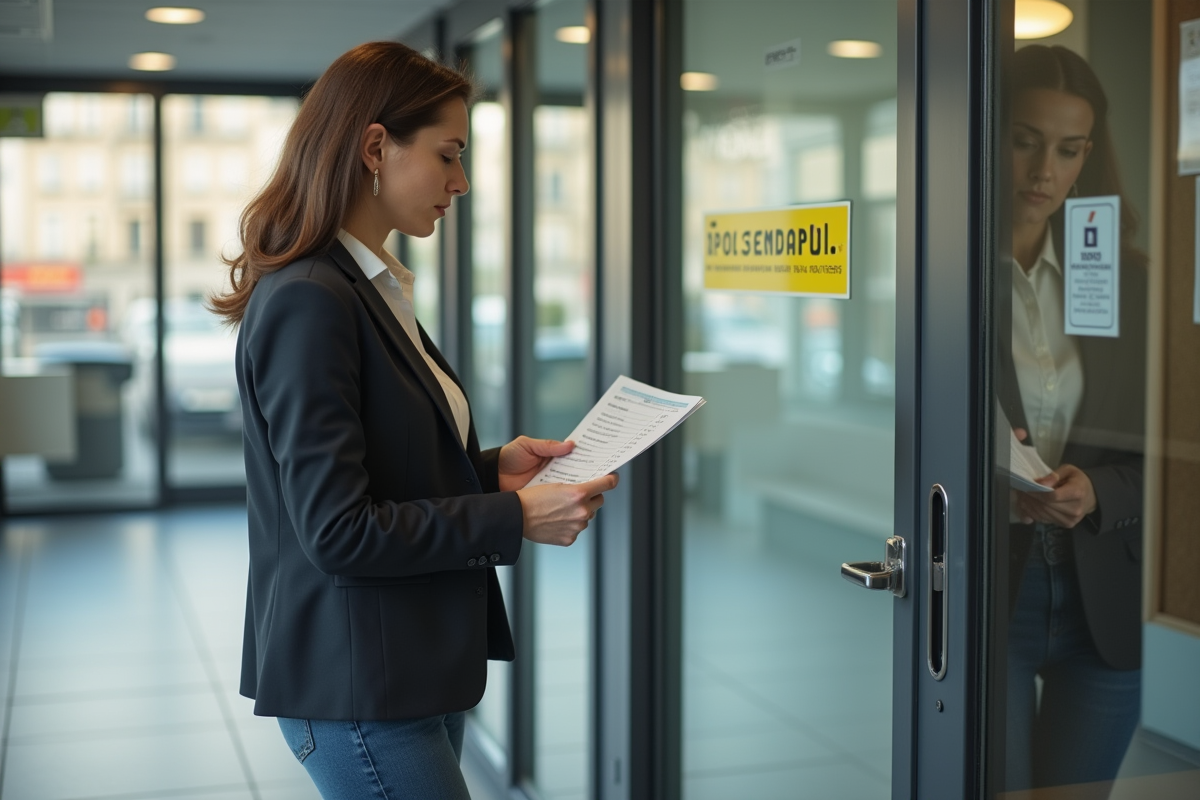 Femme réfléchissant à un planning devant un logo Pole Emploi