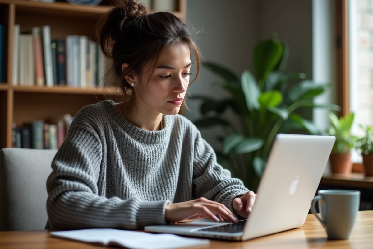 Femme consultant des avis d'utilisateurs sur Dirvox depuis son bureau à domicile