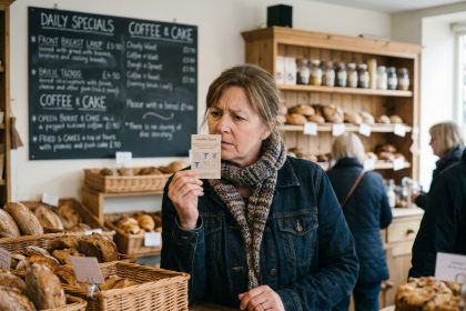 Femme examinant une carte de fidélité dans une boulangerie chaleureuse