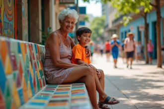 Femme brésilienne et petit garçon souriant sur un banc coloré