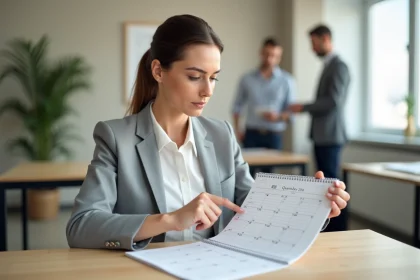 Femme professionnelle consultant un calendrier trimestriel 2026 dans un bureau moderne pour suivre les jours ouvrés