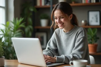 Femme au bureau à domicile consulte ses avantages employés