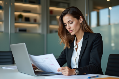 Femme d affaires au bureau examine une facture