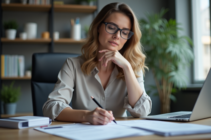 Femme en bureau professionnel examinant des documents