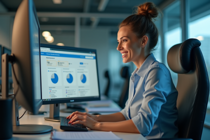 Femme d'affaires concentrée devant son ordinateur en bureau moderne