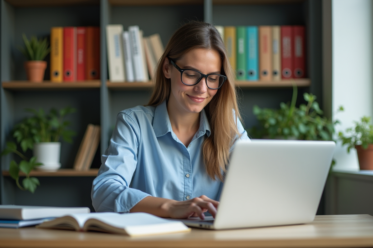 Jeune femme en bureau moderne travaillant sur son ordinateur