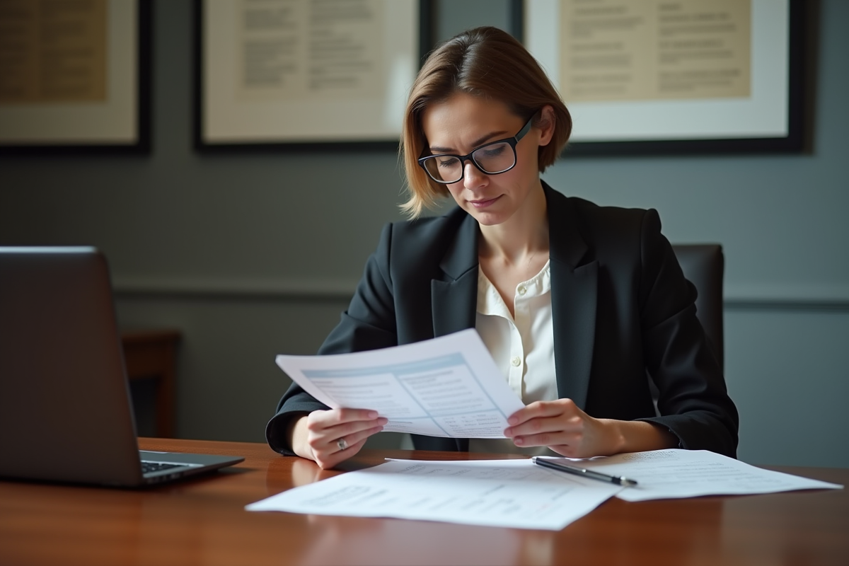 Femme professionnelle examine un rapport salarial au bureau